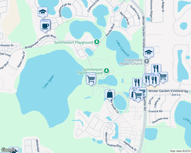 map of restaurants, bars, coffee shops, grocery stores, and more near 13833 Bridgewater Crossings Boulevard in Windermere