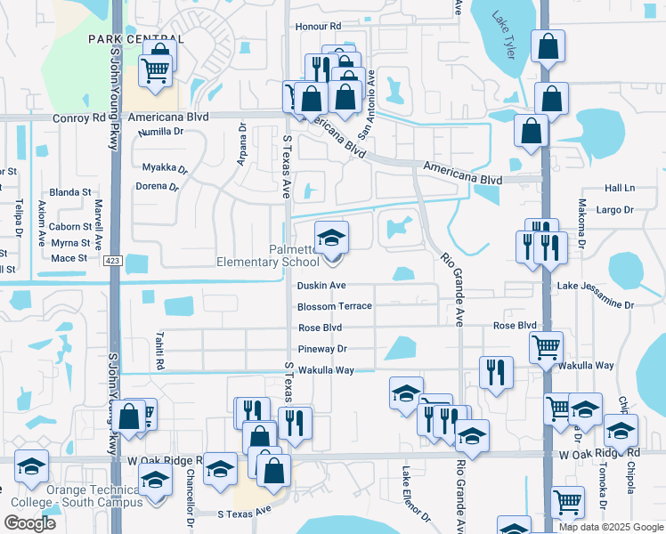 map of restaurants, bars, coffee shops, grocery stores, and more near 2015 Duskin Avenue in Orlando