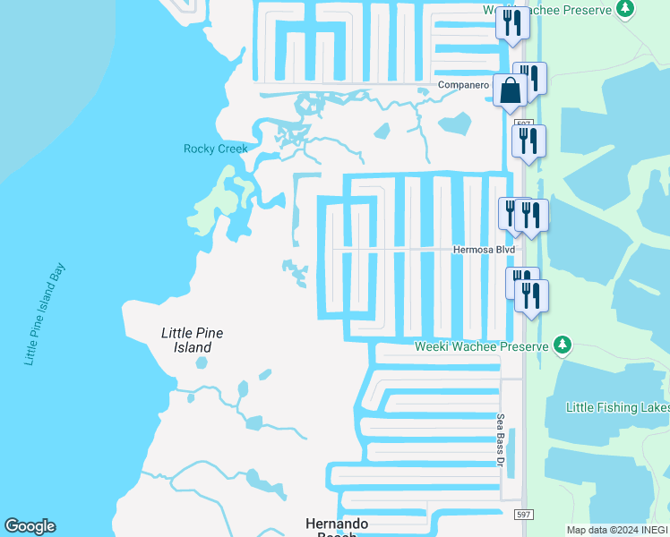map of restaurants, bars, coffee shops, grocery stores, and more near 3266 Lugustrum Drive in Hernando Beach