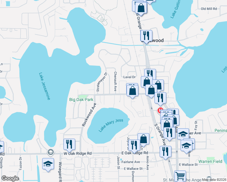 map of restaurants, bars, coffee shops, grocery stores, and more near 5419 Chenault Avenue in Orlando