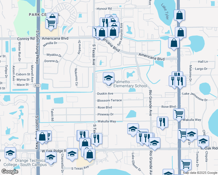 map of restaurants, bars, coffee shops, grocery stores, and more near 2015 Duskin Avenue in Orlando