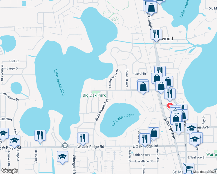 map of restaurants, bars, coffee shops, grocery stores, and more near 5412 Stratemeyer Drive in Orlando