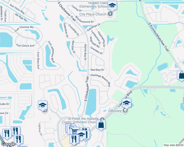 map of restaurants, bars, coffee shops, grocery stores, and more near 8731 Hastings Beach Boulevard in Orlando