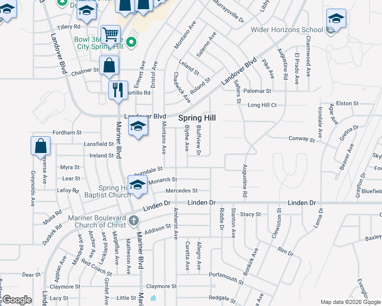map of restaurants, bars, coffee shops, grocery stores, and more near 3244 Blythe Avenue in Spring Hill