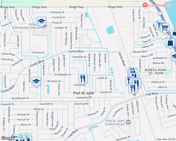 map of restaurants, bars, coffee shops, grocery stores, and more near 6925 Bayfront Road in Cocoa