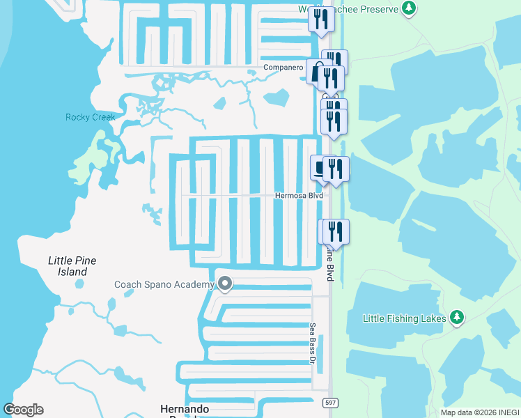 map of restaurants, bars, coffee shops, grocery stores, and more near 3307 Azalea Drive in Hernando Beach