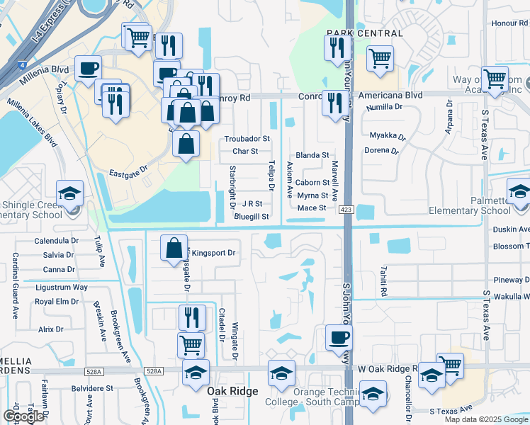 map of restaurants, bars, coffee shops, grocery stores, and more near 2533 Bluegill Street in Orlando