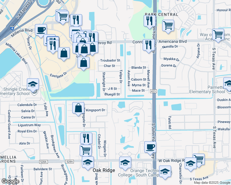 map of restaurants, bars, coffee shops, grocery stores, and more near 2533 Bluegill Street in Orlando