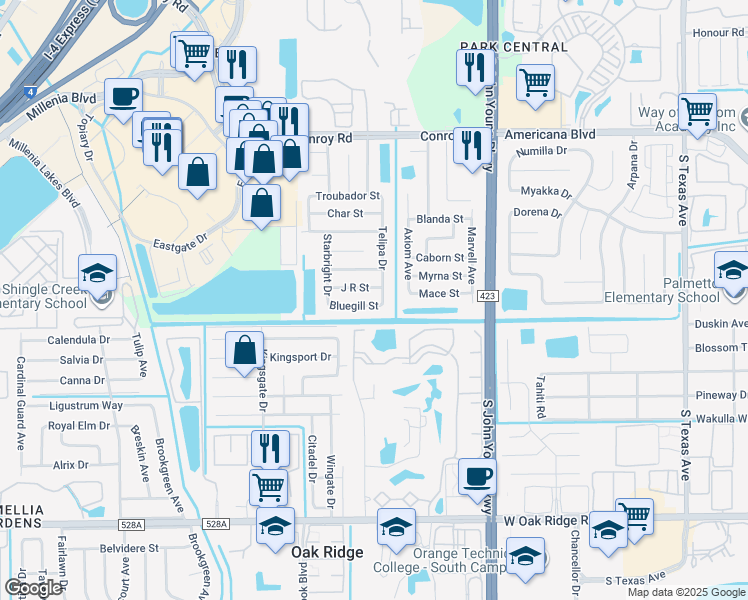 map of restaurants, bars, coffee shops, grocery stores, and more near 2533 Bluegill Street in Orlando