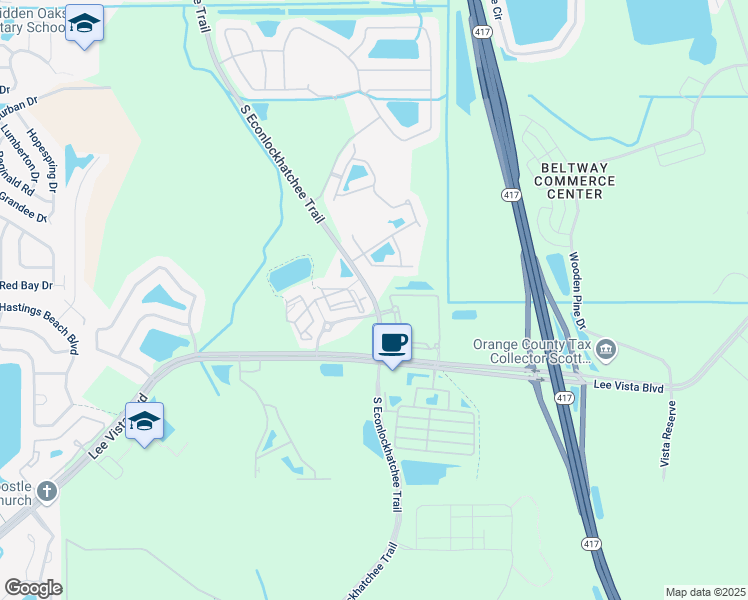 map of restaurants, bars, coffee shops, grocery stores, and more near 5480 South Econlockhatchee Trail in Orlando