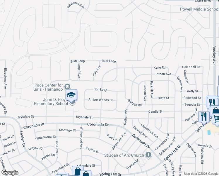 map of restaurants, bars, coffee shops, grocery stores, and more near 13295 Don Loop in Spring Hill