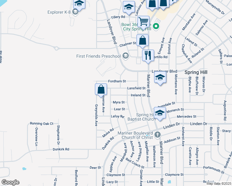 map of restaurants, bars, coffee shops, grocery stores, and more near 10375 Ireland Street in Spring Hill