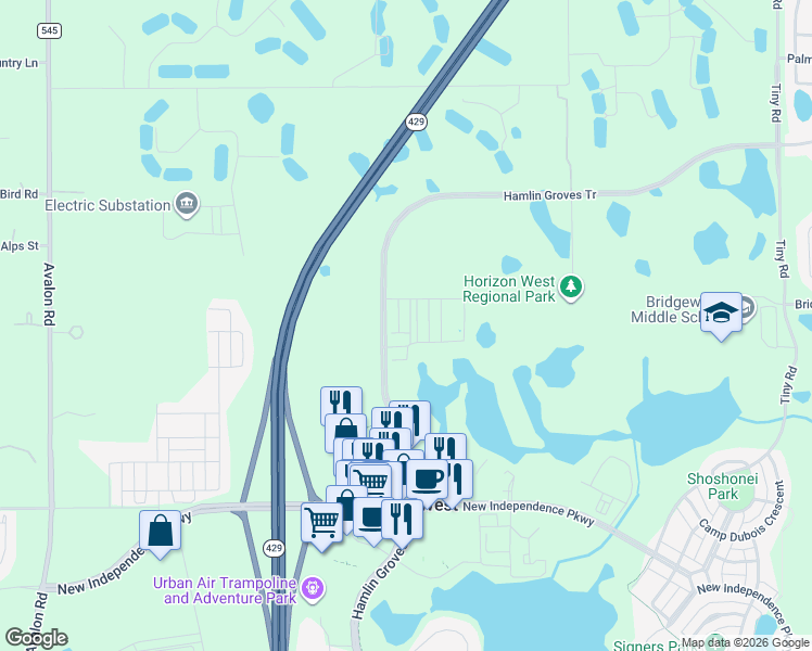 map of restaurants, bars, coffee shops, grocery stores, and more near 4636 Prairie Creek Street in Winter Garden