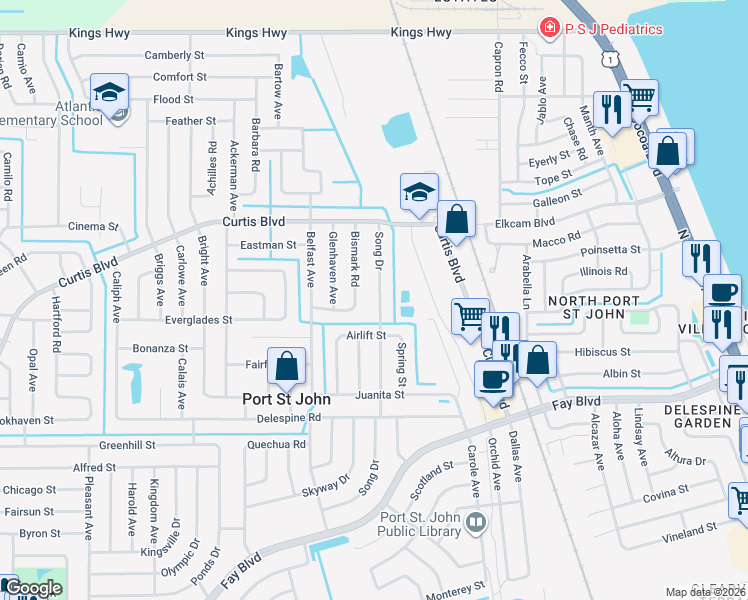 map of restaurants, bars, coffee shops, grocery stores, and more near 6955 Bismark Road in Port Saint John