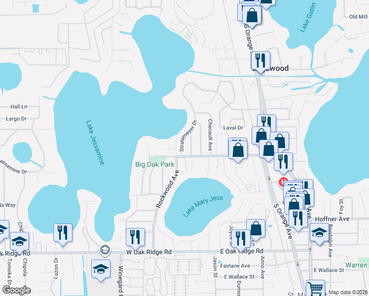 map of restaurants, bars, coffee shops, grocery stores, and more near 5412 Stratemeyer Drive in Orlando