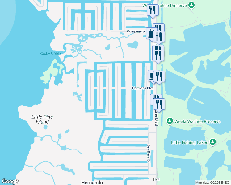 map of restaurants, bars, coffee shops, grocery stores, and more near 3295 Hibiscus Drive in Spring Hill