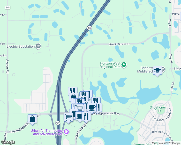 map of restaurants, bars, coffee shops, grocery stores, and more near Hamlin Groves Trail in Winter Garden