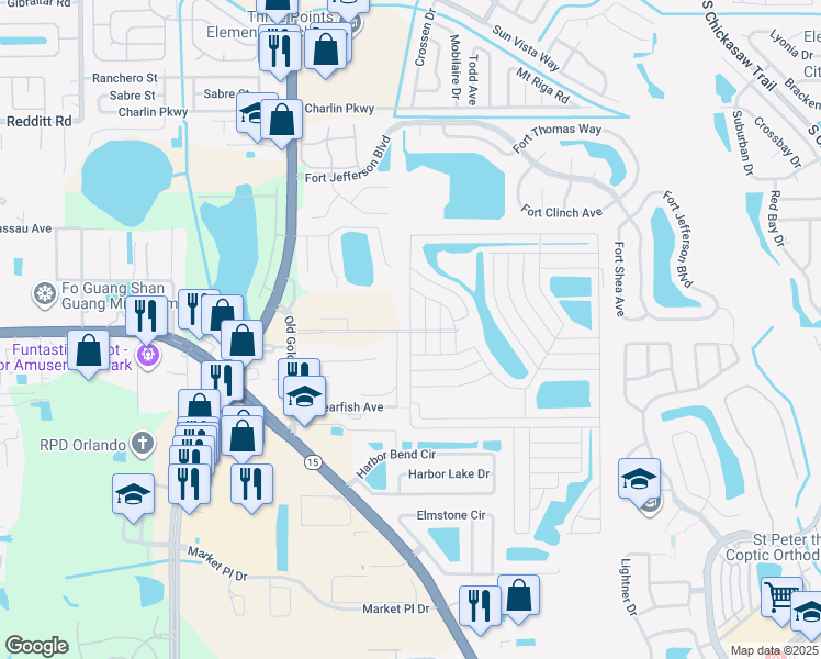 map of restaurants, bars, coffee shops, grocery stores, and more near R D Avenue in Orlando