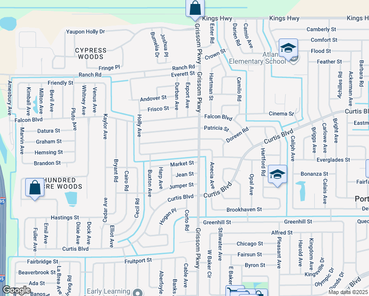 map of restaurants, bars, coffee shops, grocery stores, and more near 5040 Carter Street in Cocoa