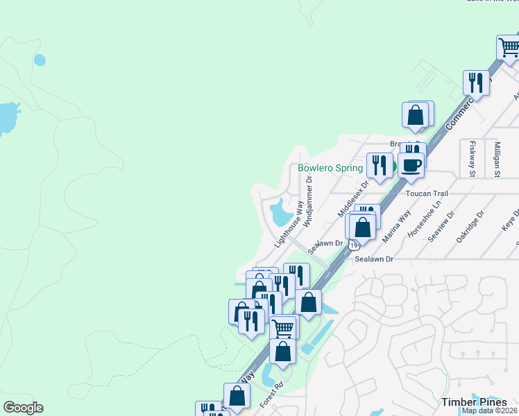 map of restaurants, bars, coffee shops, grocery stores, and more near 3225-3251 Lifeboat Lane in Spring Hill