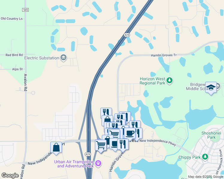 map of restaurants, bars, coffee shops, grocery stores, and more near 4814 Hamlin Groves Trail in Winter Garden