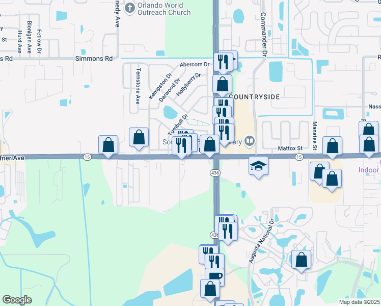 map of restaurants, bars, coffee shops, grocery stores, and more near 5730 Hoffner Avenue in Orlando