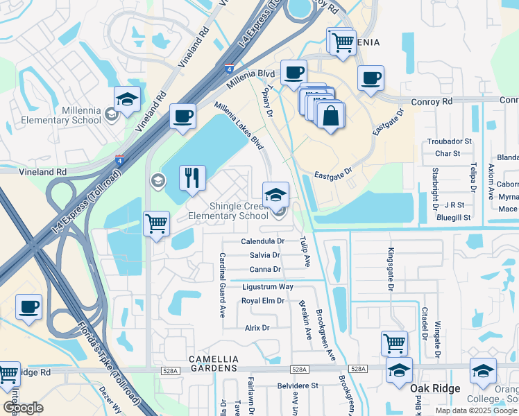 map of restaurants, bars, coffee shops, grocery stores, and more near 5620 Harcourt Avenue in Orlando