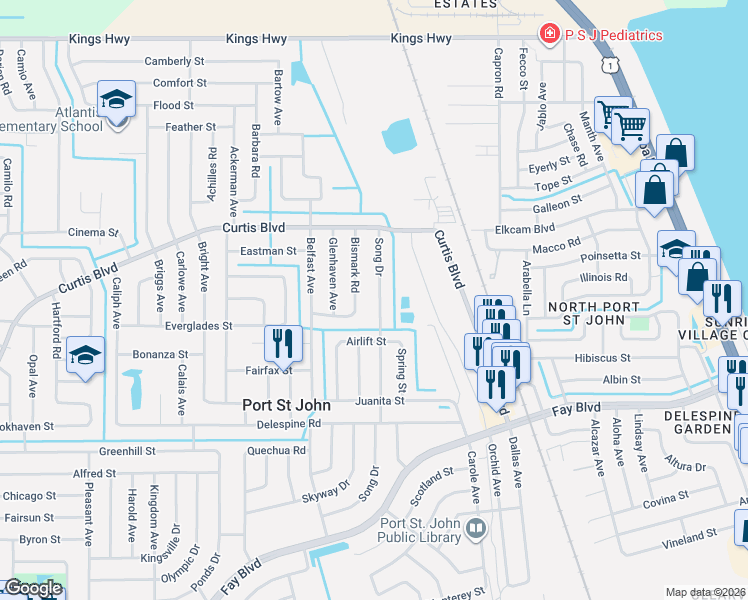 map of restaurants, bars, coffee shops, grocery stores, and more near 6955 Bismark Road in Port Saint John