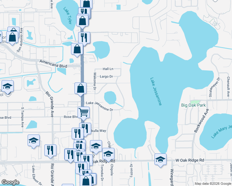 map of restaurants, bars, coffee shops, grocery stores, and more near 5450 Lake Jessamine Drive in Orlando