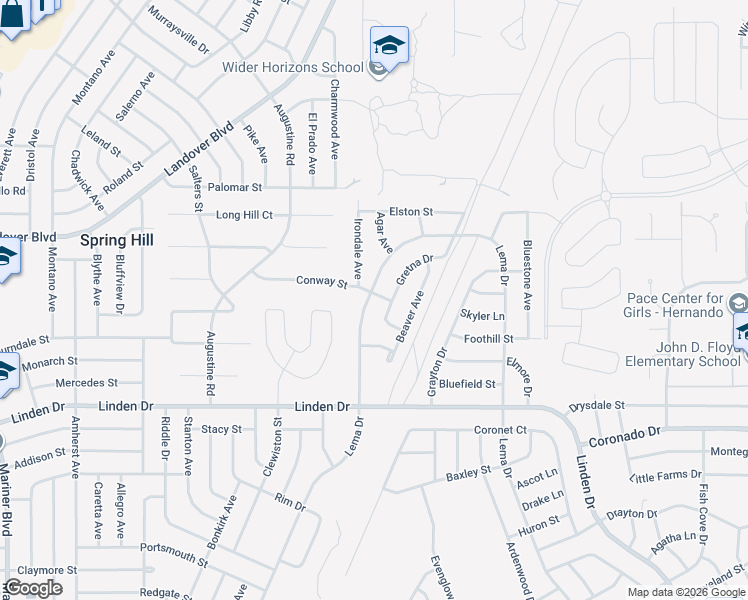 map of restaurants, bars, coffee shops, grocery stores, and more near 3284 Lema Drive in Spring Hill
