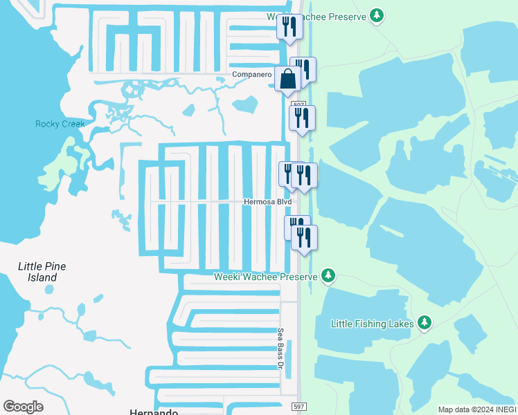 map of restaurants, bars, coffee shops, grocery stores, and more near 3294 Sea Grape Drive in Spring Hill