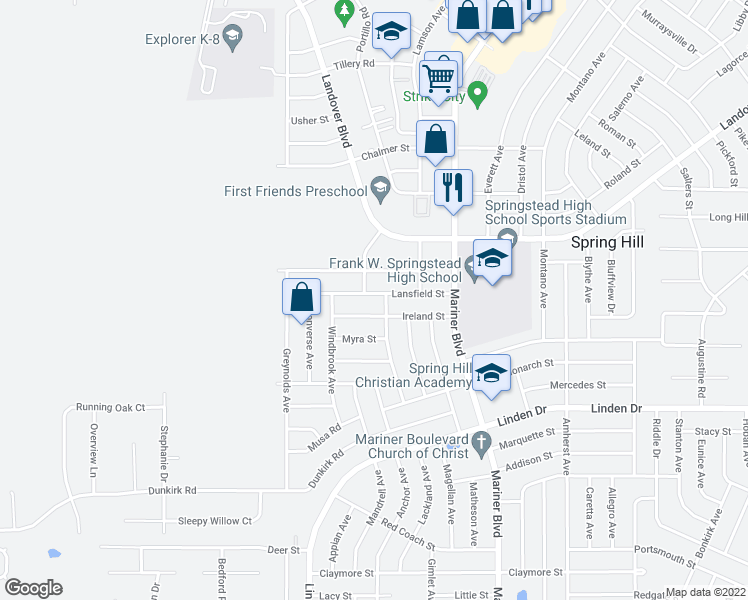 map of restaurants, bars, coffee shops, grocery stores, and more near 10394 Lansfield Street in Spring Hill