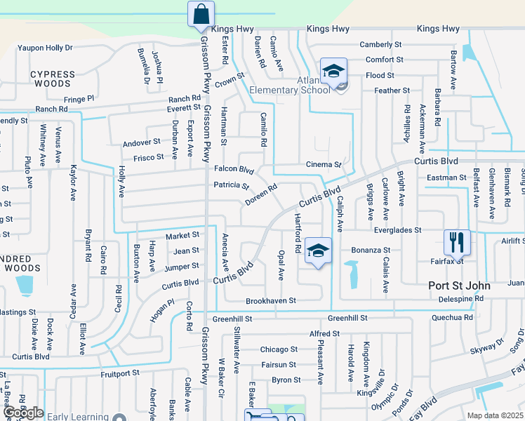 map of restaurants, bars, coffee shops, grocery stores, and more near 4800 Fresno Street in Cocoa