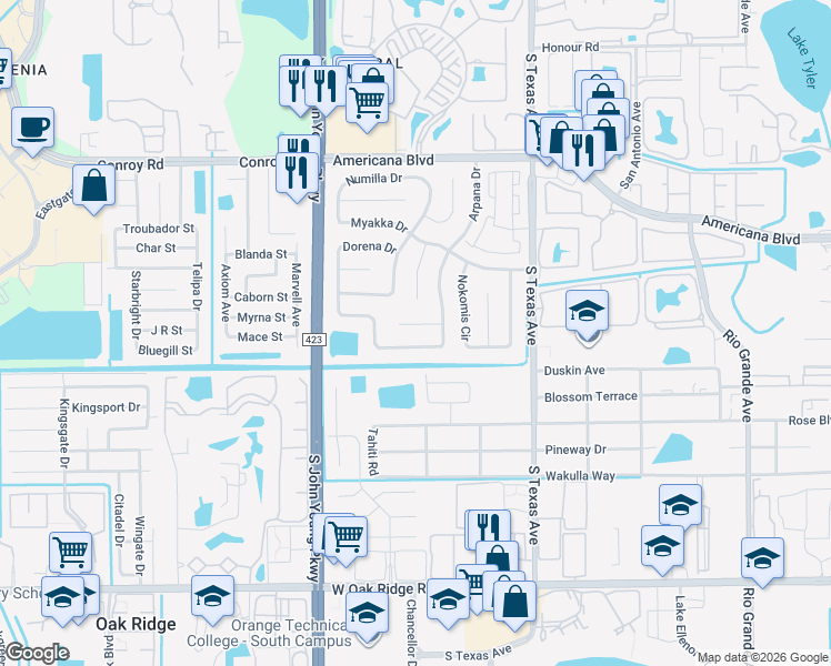 map of restaurants, bars, coffee shops, grocery stores, and more near 5637 Pendleton Drive in Orlando