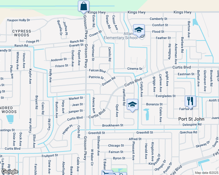 map of restaurants, bars, coffee shops, grocery stores, and more near 4800 Fresno Street in Cocoa