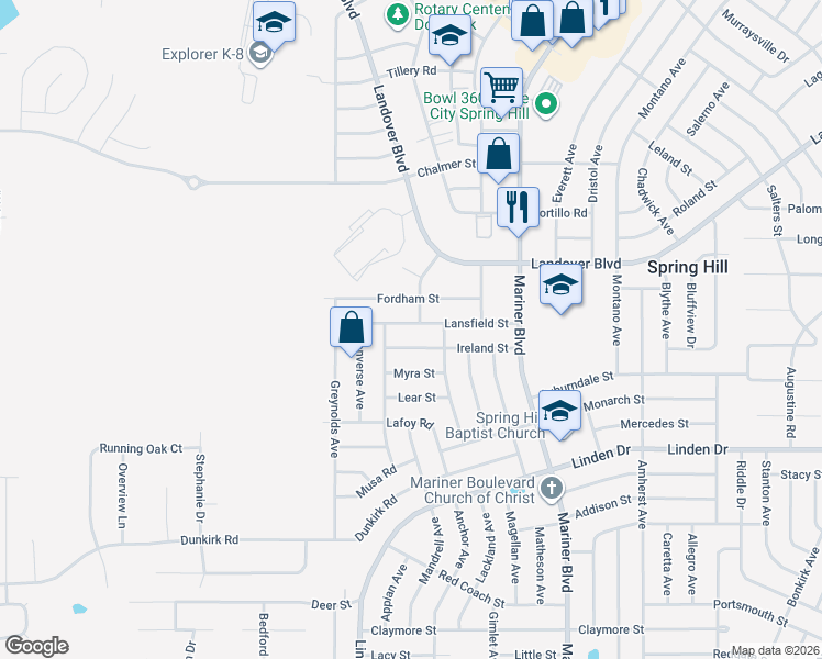 map of restaurants, bars, coffee shops, grocery stores, and more near 10368 Lansfield Street in Spring Hill