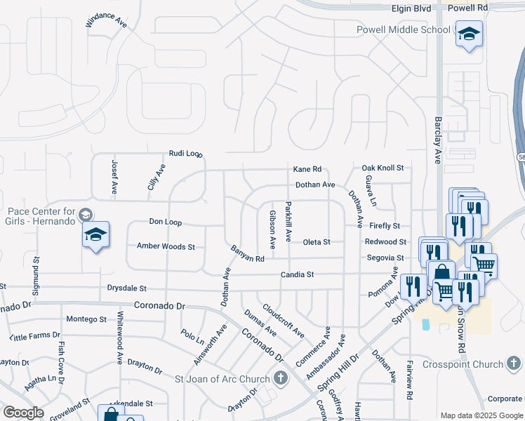 map of restaurants, bars, coffee shops, grocery stores, and more near 3439 Ambassador Avenue in Spring Hill