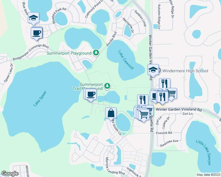 map of restaurants, bars, coffee shops, grocery stores, and more near Summer Harbor Court in Windermere