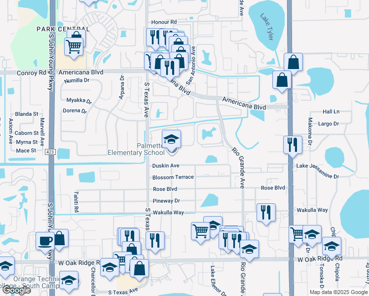 map of restaurants, bars, coffee shops, grocery stores, and more near 2015 Duskin Avenue in Orlando