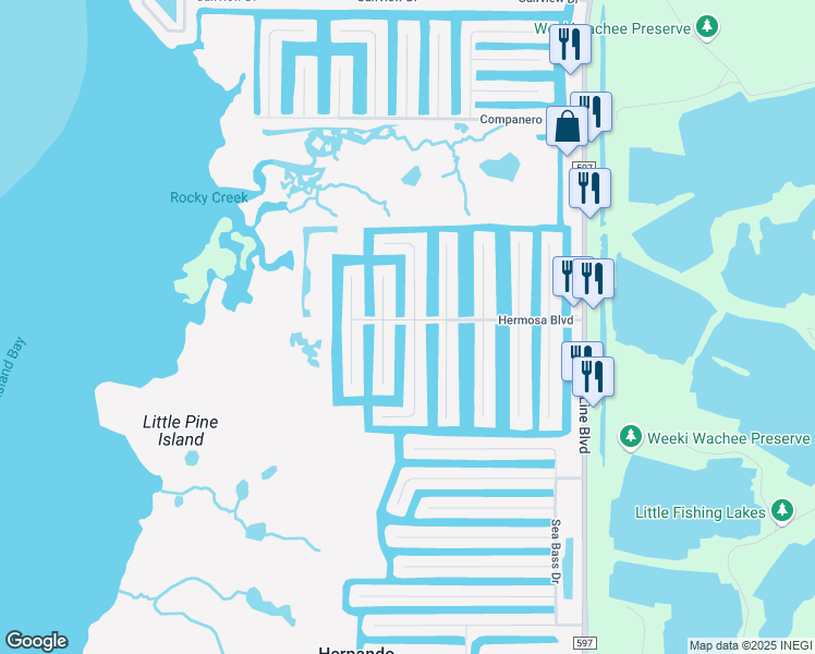 map of restaurants, bars, coffee shops, grocery stores, and more near 3359 Gardenia Drive in Hernando Beach