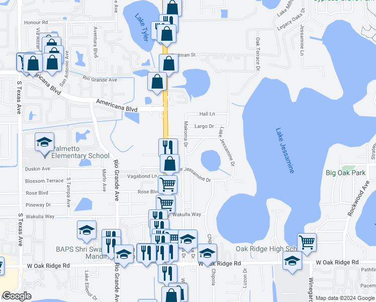 map of restaurants, bars, coffee shops, grocery stores, and more near 5482 Lake Tyner Drive in Orlando
