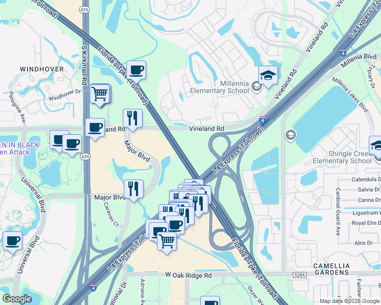 map of restaurants, bars, coffee shops, grocery stores, and more near Florida's Turnpike in Orlando