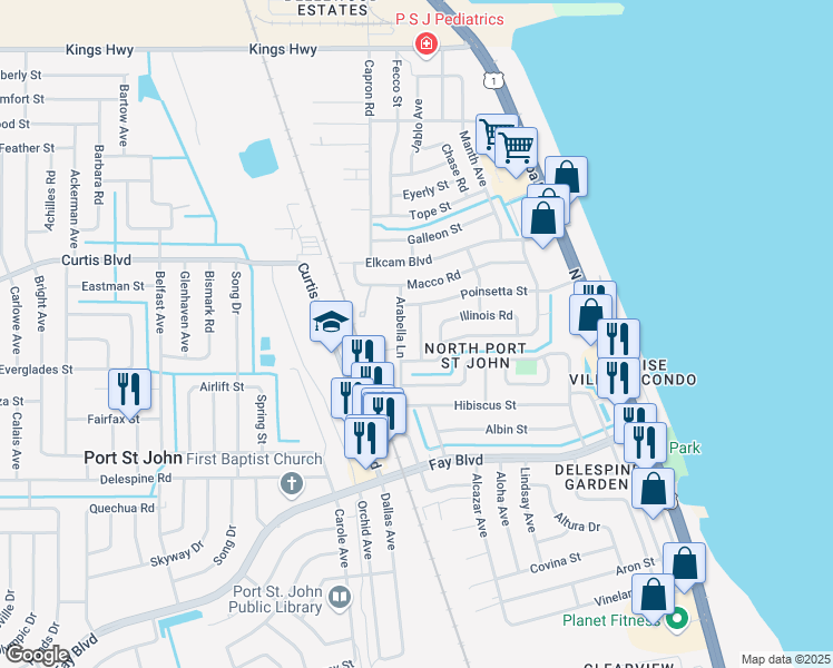 map of restaurants, bars, coffee shops, grocery stores, and more near 426 Oakridge Avenue in Cocoa