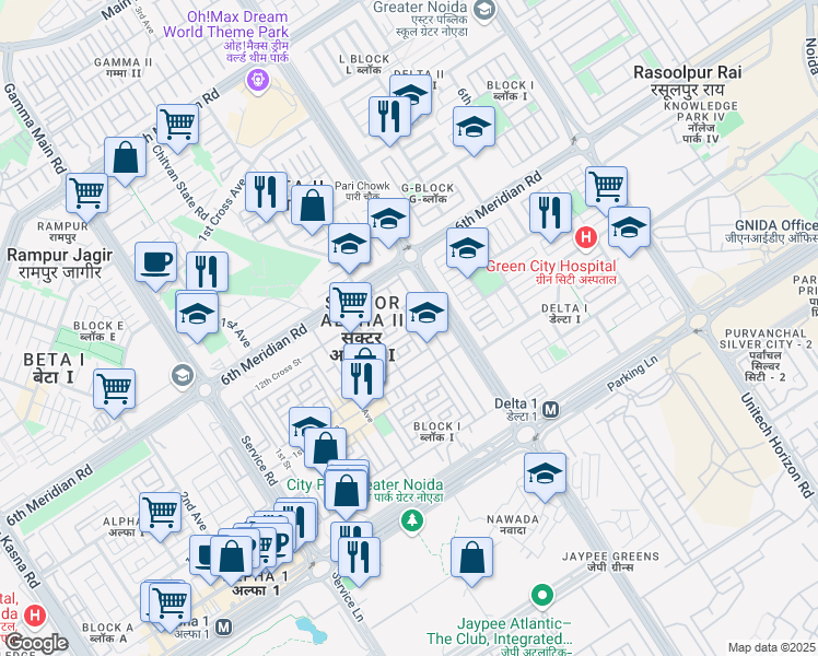 map of restaurants, bars, coffee shops, grocery stores, and more near H-515 4th Street in Greater Noida