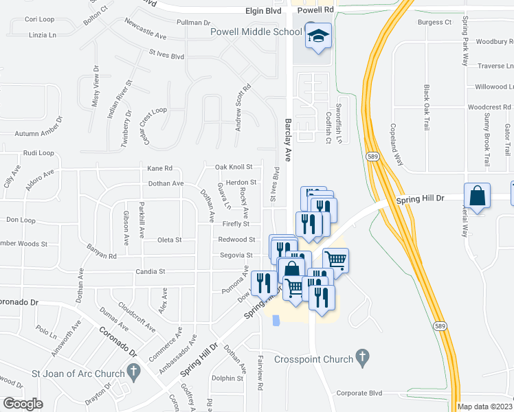 map of restaurants, bars, coffee shops, grocery stores, and more near 3537 Dow Lane in Spring Hill