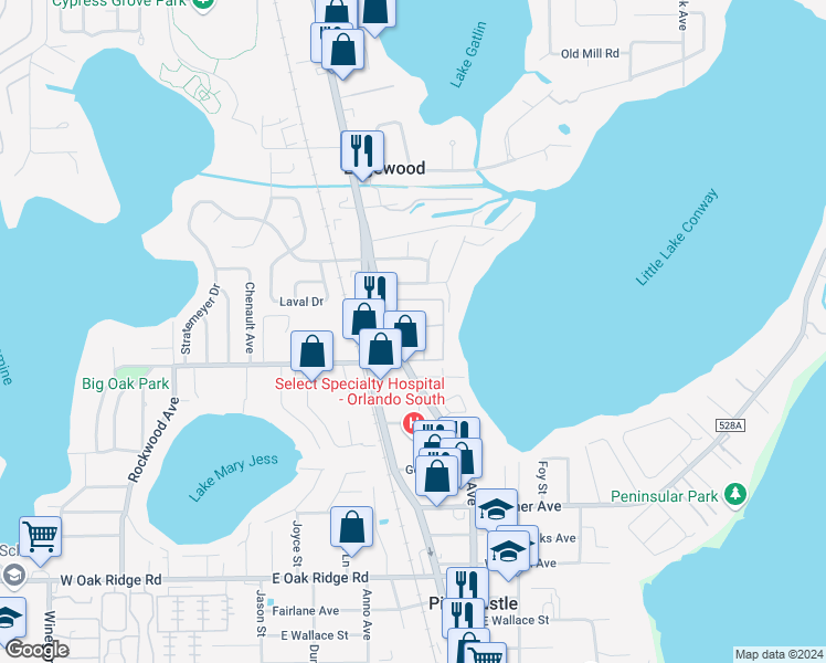 map of restaurants, bars, coffee shops, grocery stores, and more near in Edgewood