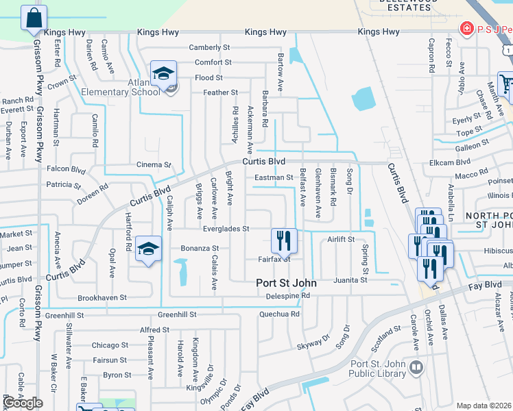 map of restaurants, bars, coffee shops, grocery stores, and more near 6933 Bentley Road in Cocoa