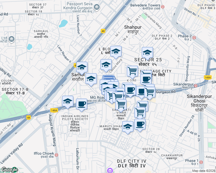 map of restaurants, bars, coffee shops, grocery stores, and more near Block Q DLF City Phase 2 Road in Gurugram