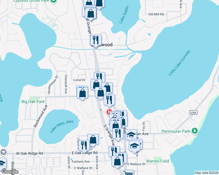 map of restaurants, bars, coffee shops, grocery stores, and more near in Edgewood