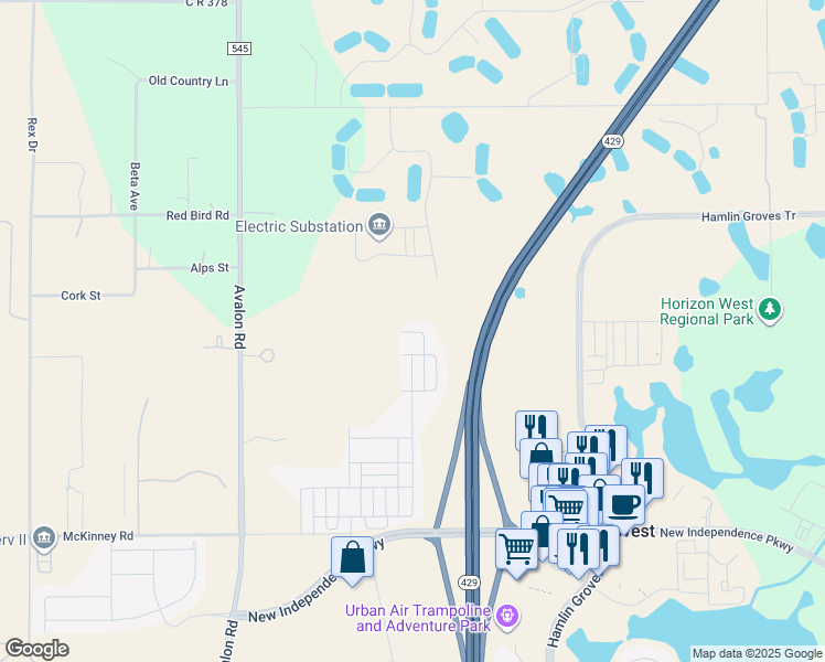 map of restaurants, bars, coffee shops, grocery stores, and more near 16666 Malcom Road in Winter Garden